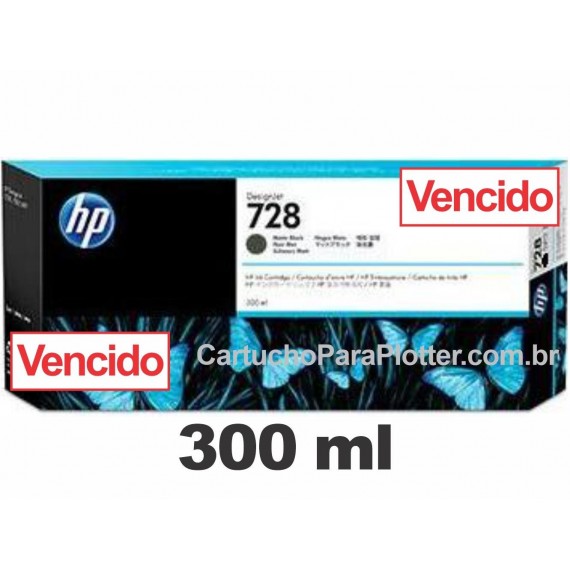 Cartucho de Tinta HP 728 - Tinta Preto Fosco (MK) 300 ml - F9J68A VENCIDO para Plotter HP T730 e T830