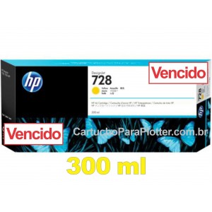 Cartucho de Tinta HP 728 - Tinta Amarelo (Y) 300 ml - F9K15A VENCIDO para Plotter HP T730 e T830